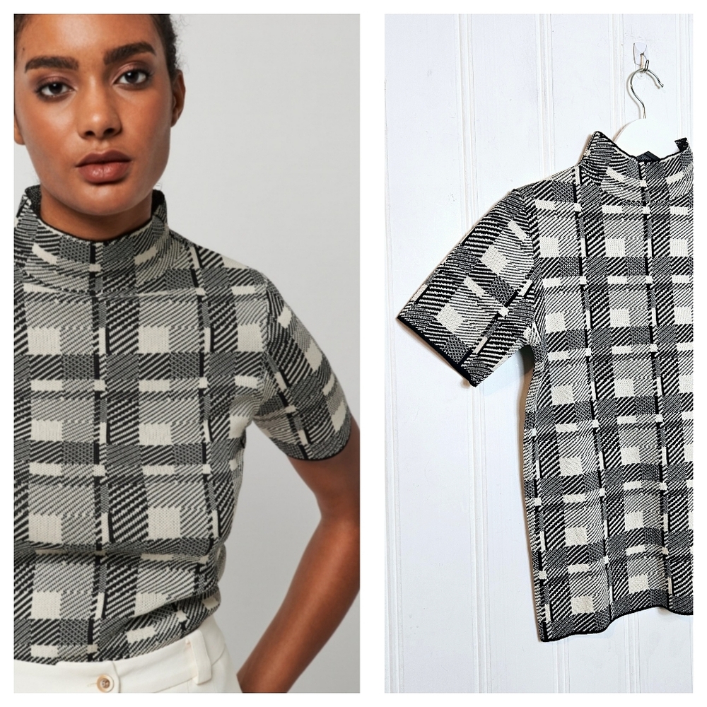 Roberto Verino Top Womens Size 8 Black White Plaid Knit High Neck Demure